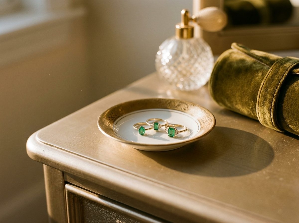 Three petite emerald rings in a porcelain dish on a dressing table
