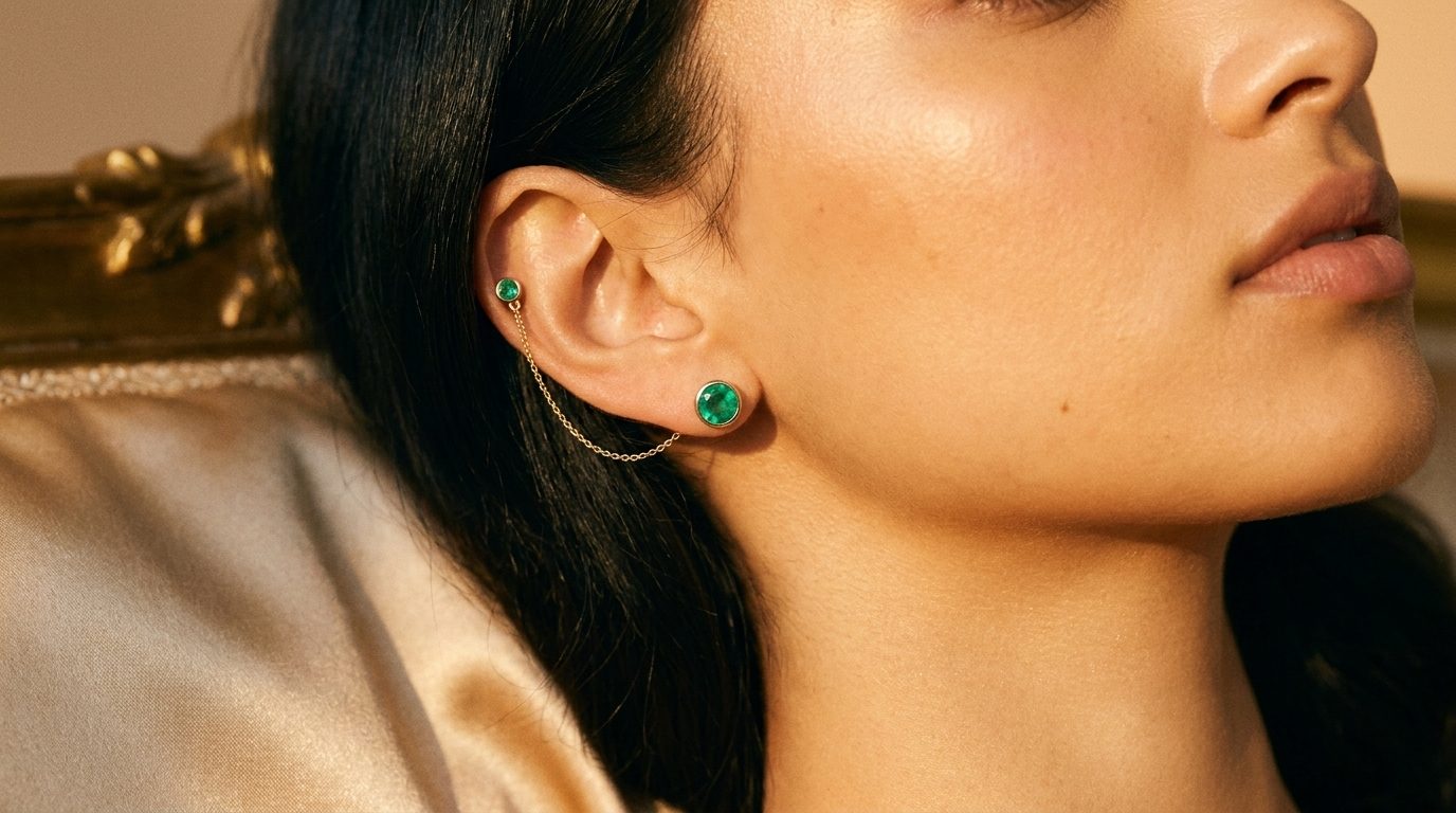 A small bezel-set emerald stud with a fine gold ear chain