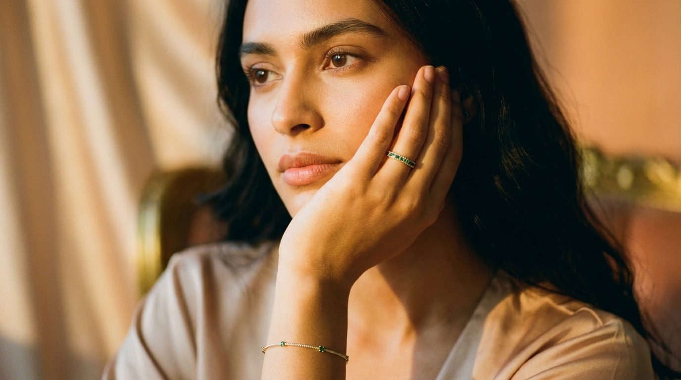 A hand resting against a cheek wearing a pavé emerald band and a line bracelet