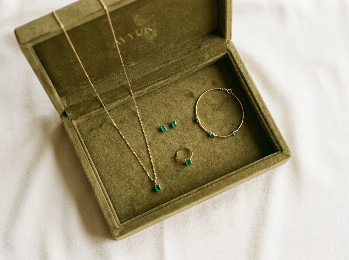 An emerald suite in an olive velvet Avyuk case