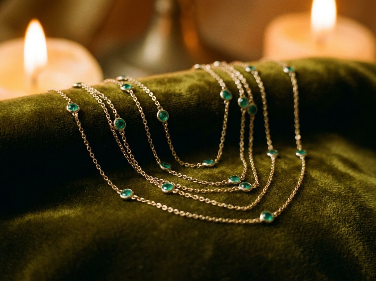 A fine gold station chain set with small emeralds