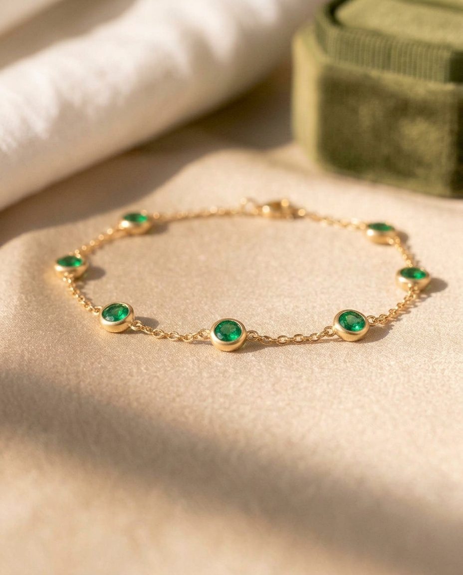 A gold chain bracelet with bezel-set emeralds spaced along it
