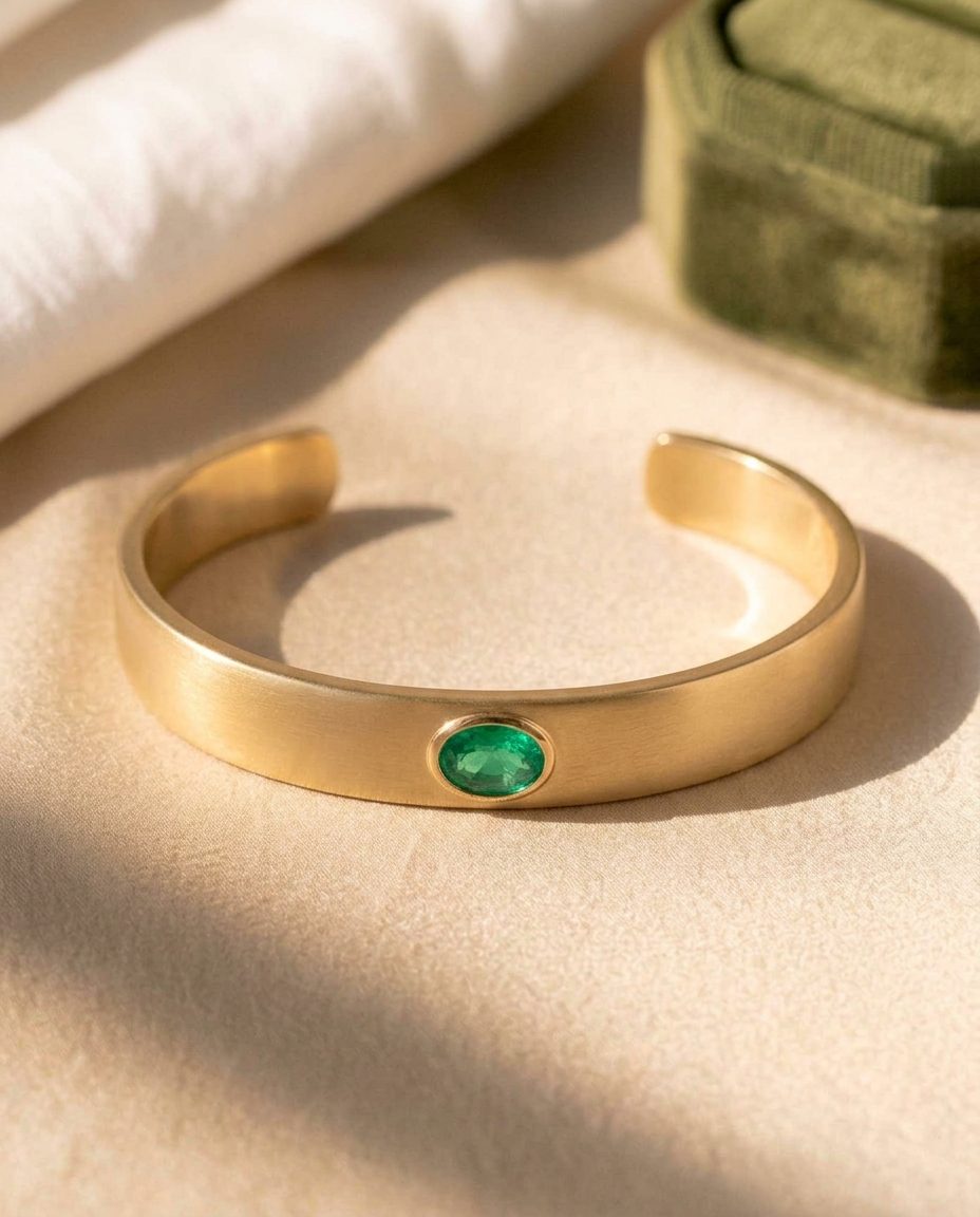 A solid gold cuff with an oval emerald flush-set into the surface