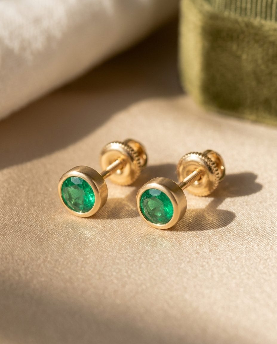 A pair of gold studs, each with a round emerald in a smooth bezel