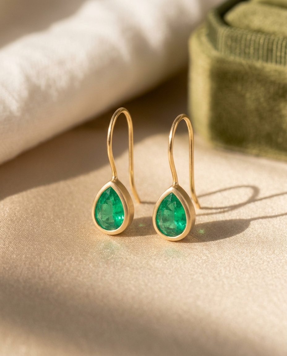 A pair of gold drop earrings with pear-shaped emeralds