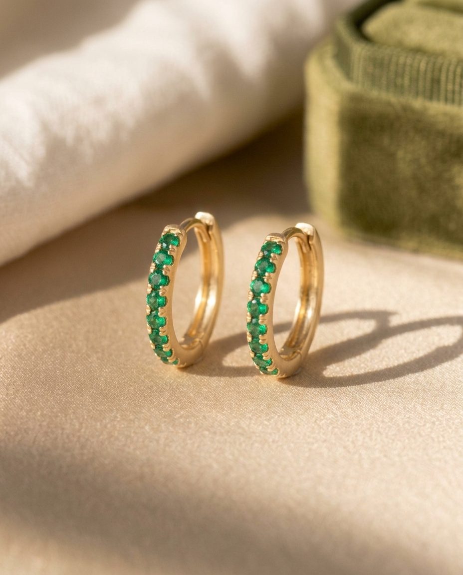 A pair of small gold huggie hoops set with emeralds