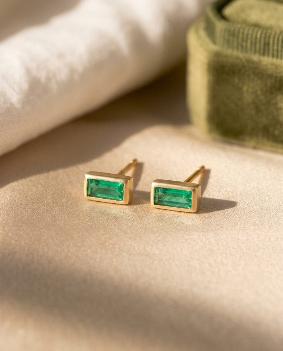 A pair of gold bar studs, each with a baguette-cut emerald
