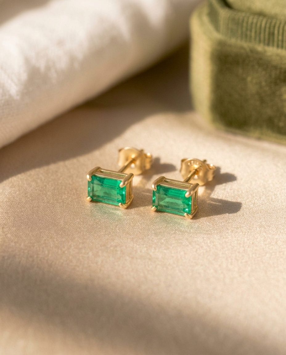 A pair of gold studs with emerald-cut emeralds in four prongs