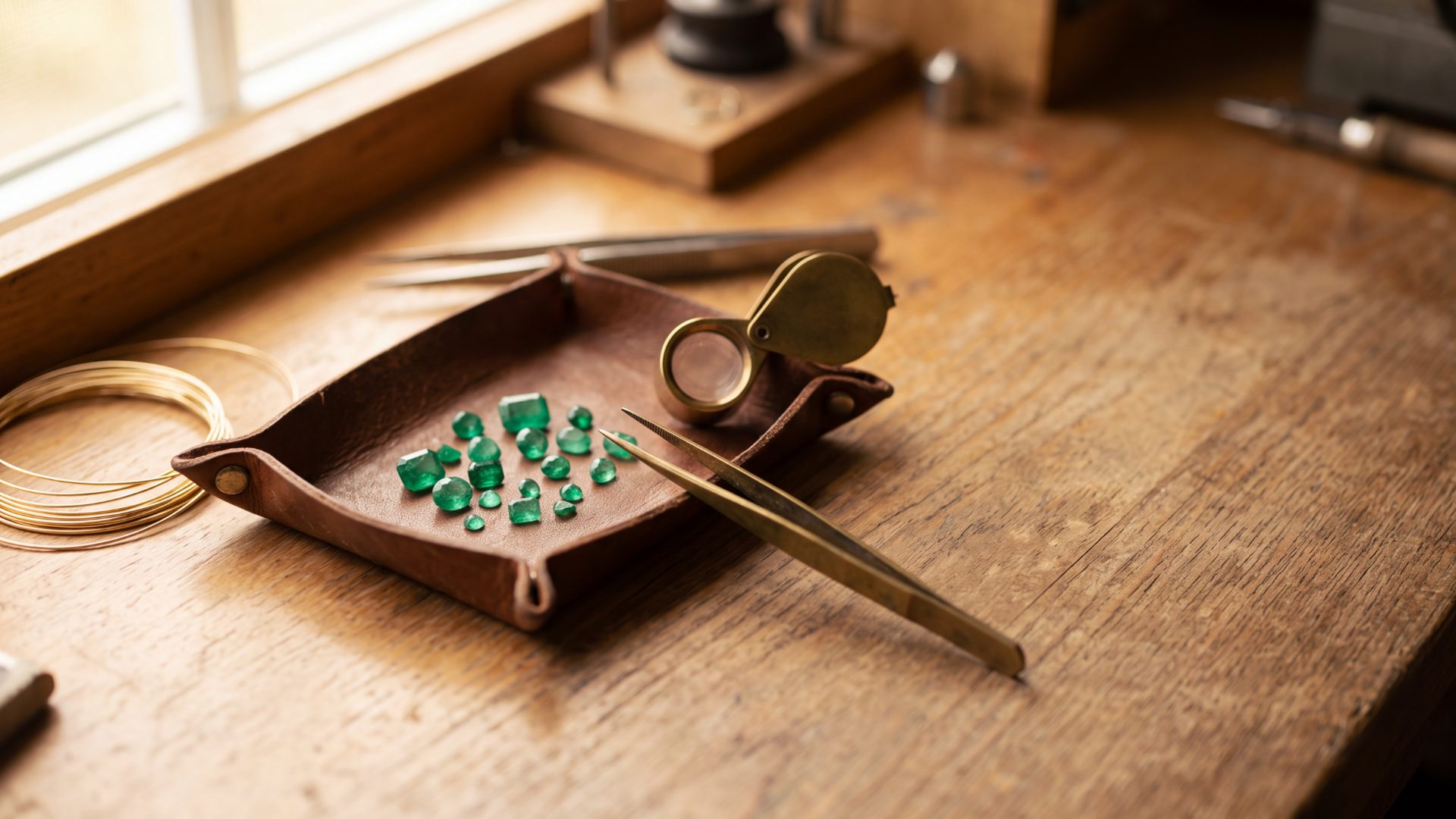 A jeweller's workbench with a leather tray of loose emeralds, tweezers and a loupe
