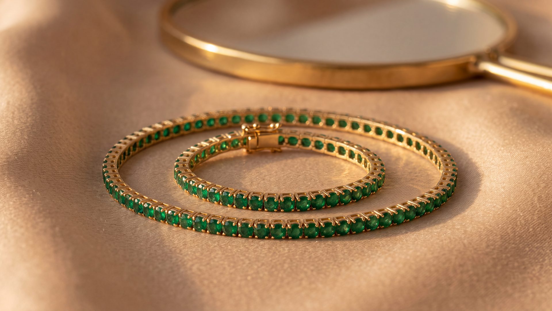 An emerald line bracelet coiled on champagne silk before a gold-framed mirror