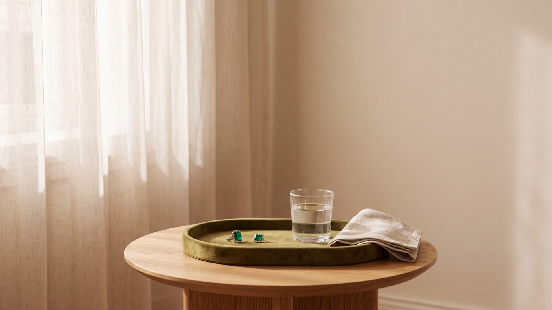 An office table with an olive velvet tray holding two emerald pieces, in late daylight