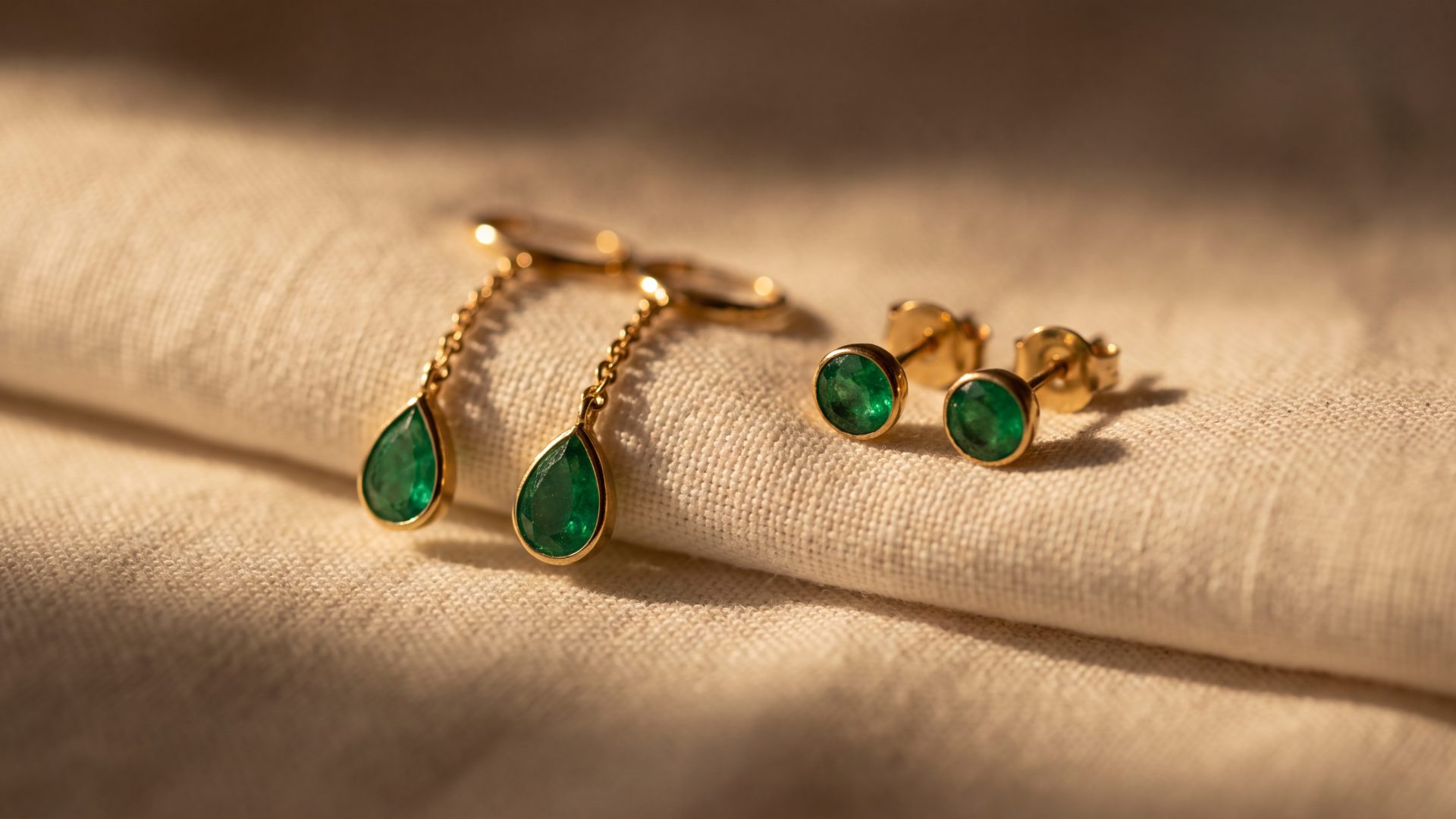 Emerald drop earrings and round emerald studs resting on ivory linen