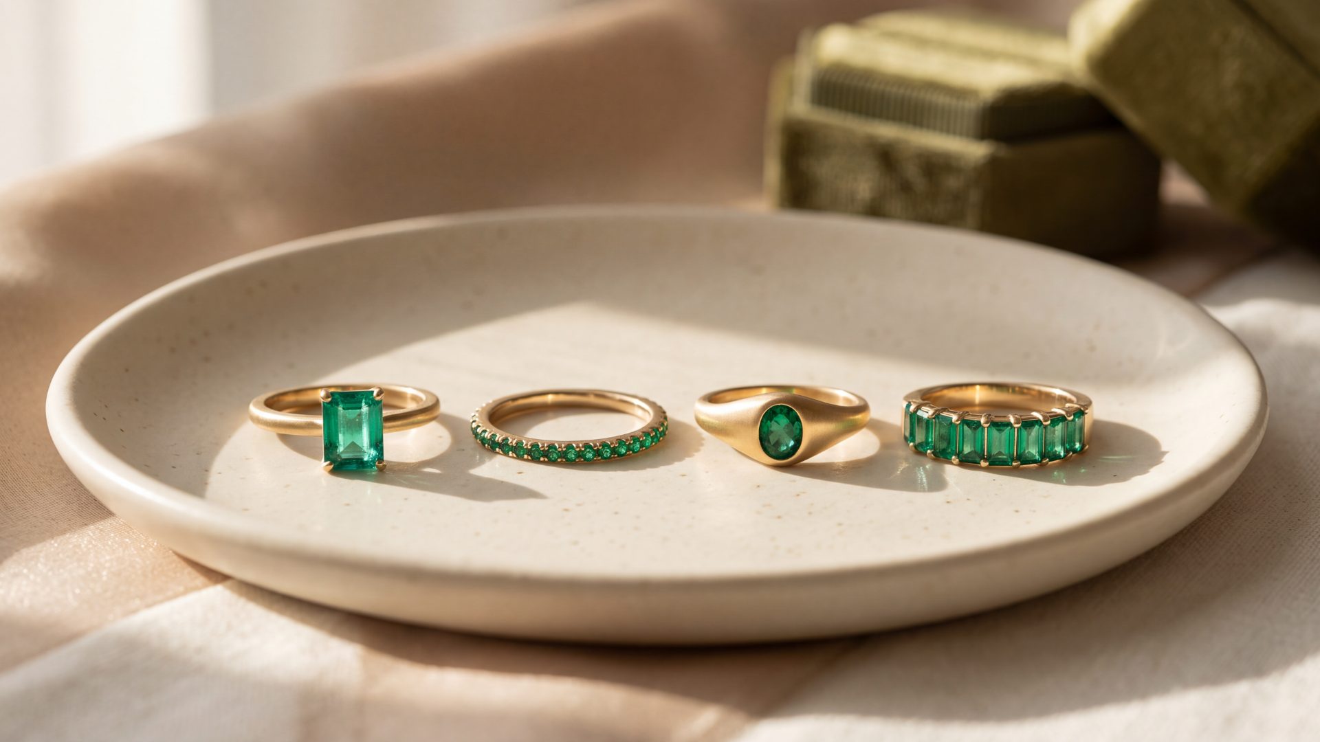 Four emerald rings arranged on a cream ceramic dish