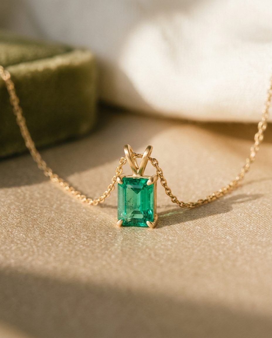A gold chain with a single emerald-cut emerald pendant