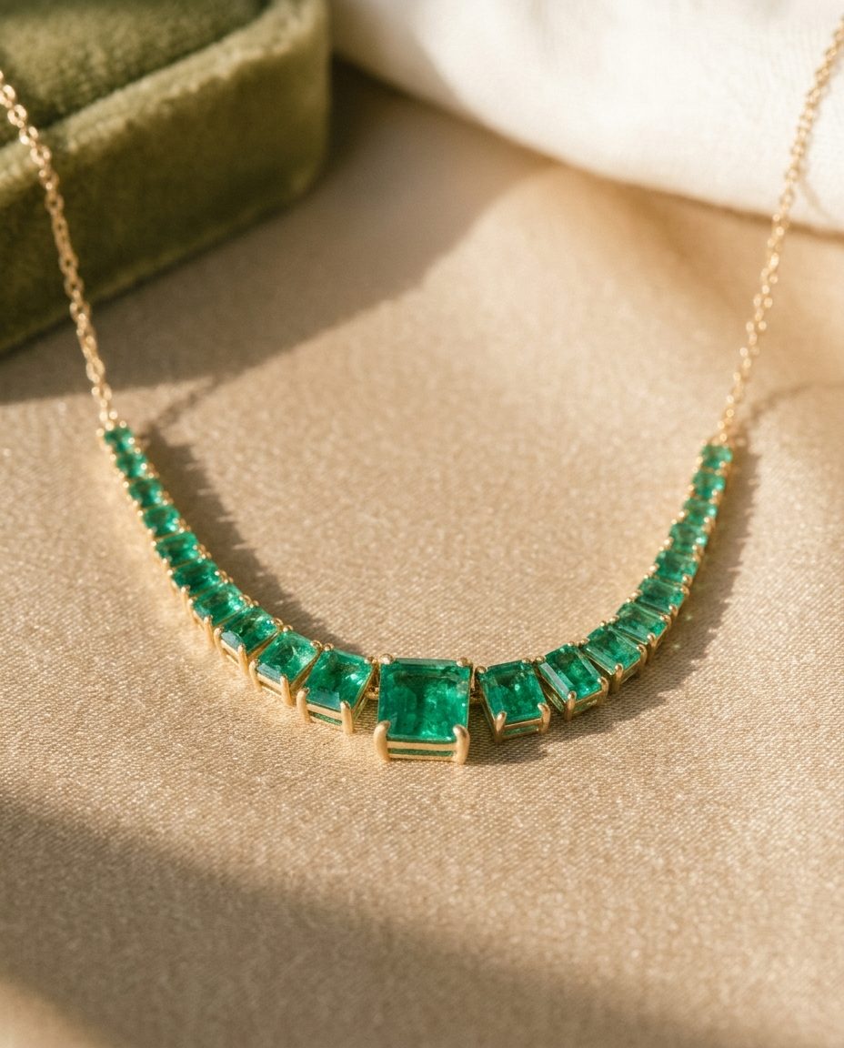 A gold necklace set with graduated emeralds, largest at the centre