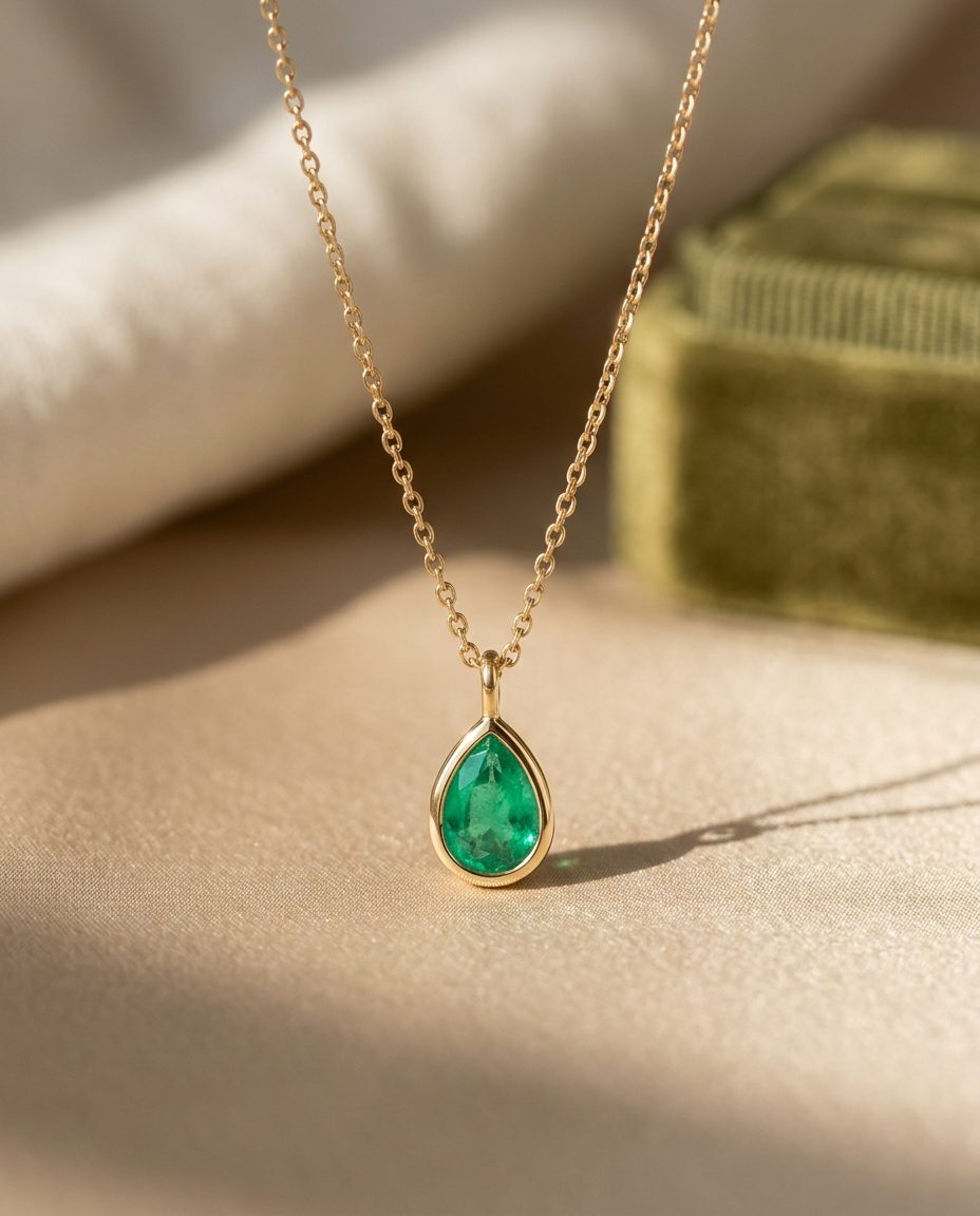 A gold chain with a pear-shaped emerald in a bezel drop