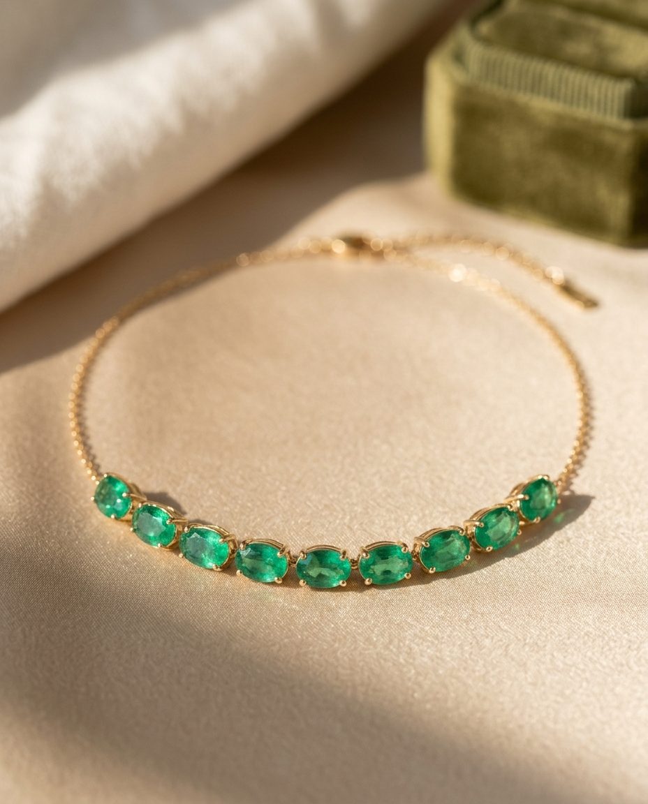 A short gold choker set with oval emeralds across the front