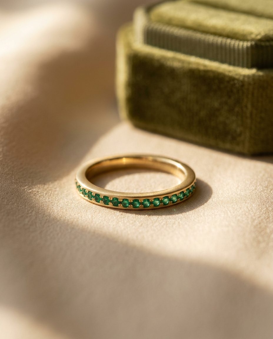 A slim gold band set with a continuous line of small emeralds