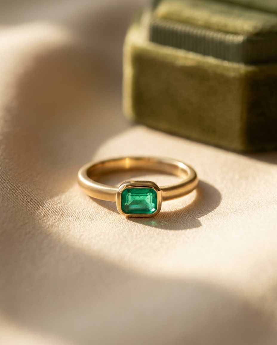 A gold ring with a single emerald-cut emerald in a low bezel