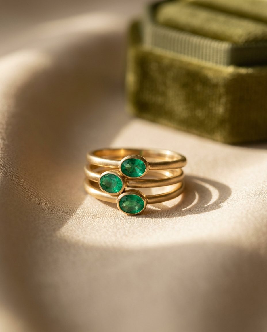 Three slim gold rings stacked, each set with an oval emerald