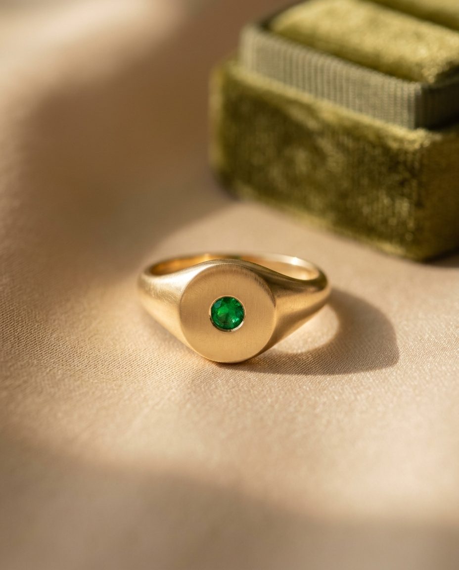 A gold signet ring with a round emerald flush-set into the face