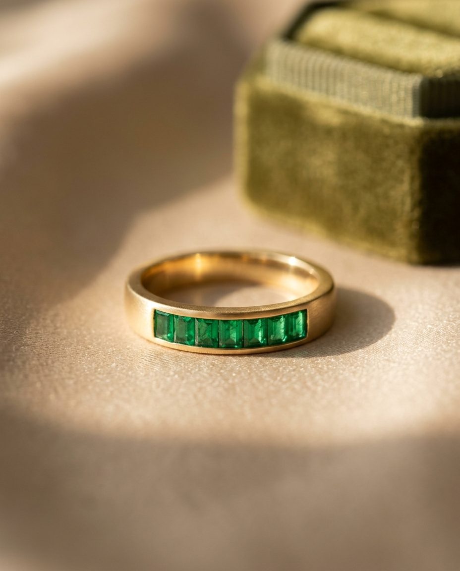 A gold band channel-set with baguette-cut emeralds across the top